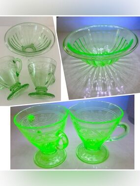 Hazel Atlas Cloverleaf Green Uranium Glass 3pc Set 🍀 Glows!